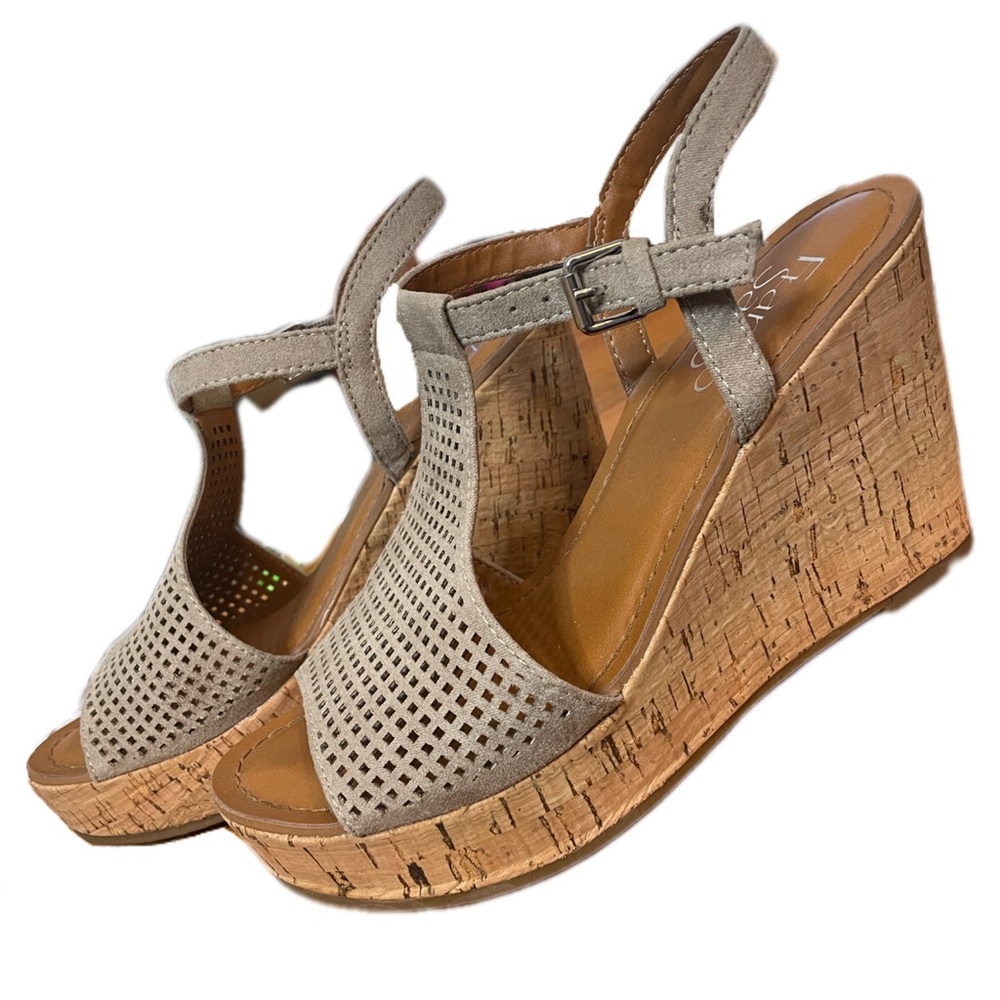 FRANCO SARTO CLINTON TAUPE SLING BACK PLATFORM CORK WEDGE LEATHER SUEDE CUTOUT